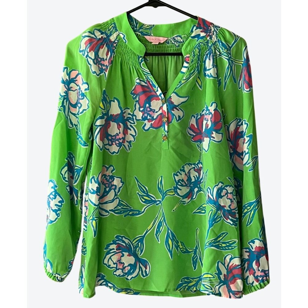 Lilly Pulitzer Women's XS V-Neck Long Sleeve Elsa Silk Floral Top Green Pink